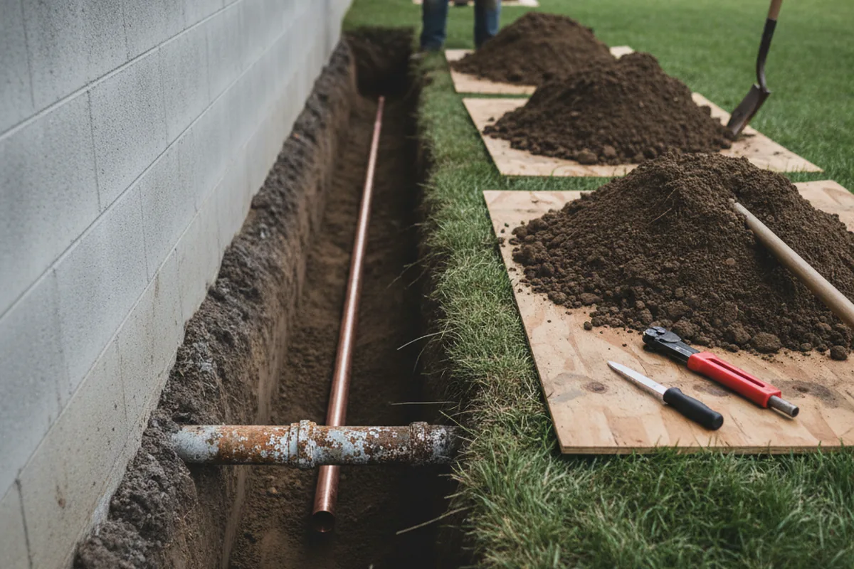 Excavated water line trench during Water Softener Installation in Washington Navy Yard